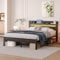 HAHRIR Double Bed Frames with Storage Headboard and Charging Station/LED Lights,135x 190 cm Heavy Duty Metal Double Size Bed Frame, Strong Steel Slats Support,Texture Black
