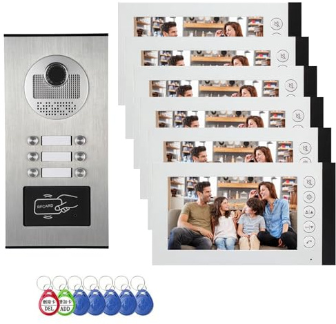 Kabelgebundenes Video Multifamily Apartment Intercom System, 2/3/6/8/10/12 Einheiten 7-Zoll Monitor Video Tür Telefon Kit Indoor Outdoor,ID Card Entriegeln (1 Türklingel + 6 Monitor)