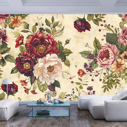 JIAOQSS Photo Wallpaper 3D Effect Vintage Floral Pink Rose Grey Corridor Interior Panel Bathroom Hall Suitable and Kitchen The Urban Architecture Cafe Bar