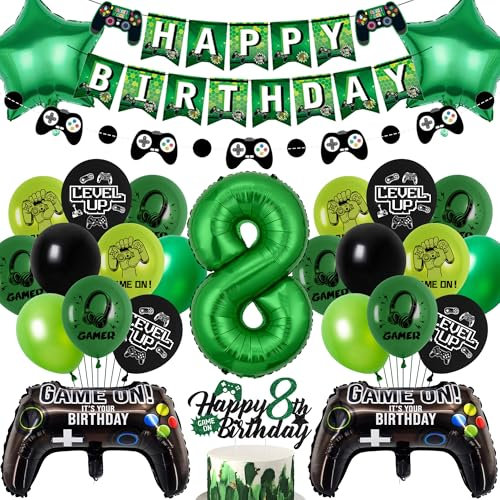 Gaming Birthday Decorations Balloons Boy - Green Happy 8th Birthday Banner Decoration Set with Foil Balloon, Game Controller for Video Game Theme 8 Years Old Party Supplies