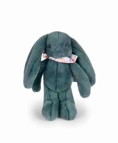 Doudou et Compagnie - Lapin Fleurette Eucalyptus 25 cm – Peluche Bébé Ultra Douce avec Foulard Fleuri – Doudou Naissance Mixte – Coloris Vert Foncé Élégant – Cadeau Naissance - DC4300