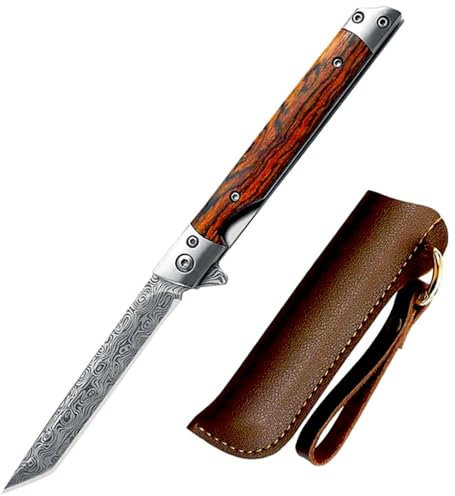 Joa Couteau de poche fin avec manche en bois - Petit couteau pliant - Avec étui en cuir - Couteau EDC - Pour l'extérieur - Motif en acier - Porte-clés - Cadeau pour homme
