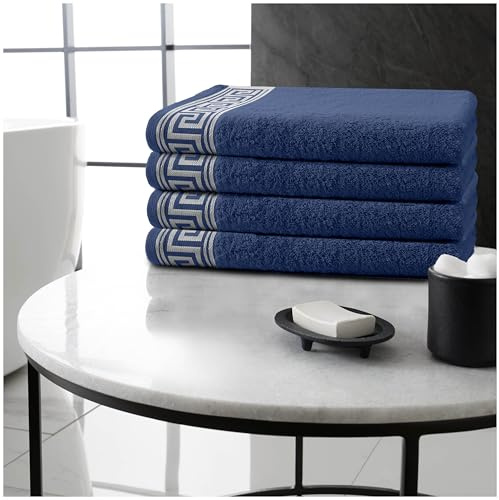 GC GAVENO CAVAILIA Greek Key Bath Towels 4Pack | Navy Bath Towels Large Quick Dry & Super Absorbent Bathroom Towels | 500 GSM Towel Set Egyptian Cotton Bath Towel
