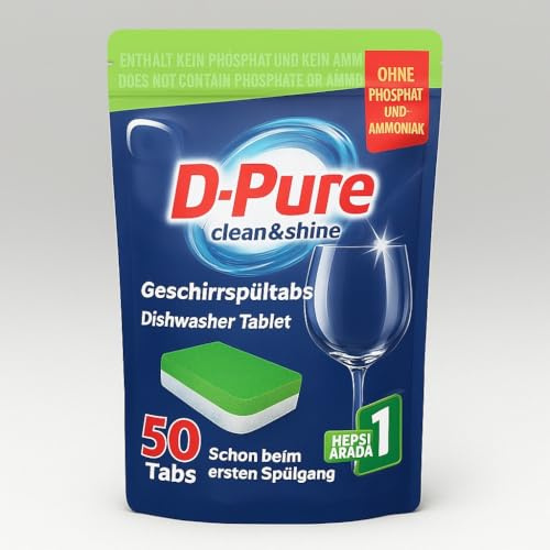 D-Pure Geschirrspültabs – 50 Stück, Alles-in-Einem, Extra Stark, Ultimative Reinigung, Glanz & Schutz, Ohne Phosphate & Ammoniak (300 Stück)