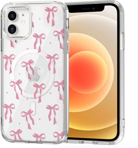 Tikgue Magnetisch Hülle für iPhone 12 / iPhone 12 Pro Kompatibel mit MagSafe Niedliche Schleife Handyhülle Transparent Dünne Case Kameraschutz Stoßfest Schutzhülle - Rosa