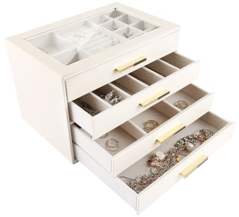 LDHHYH Schmuckkästchen, Schmuckkasten mit 4 Ebenen, Weiß Schmuckaufbewahrung, 4 Schubladen und transparentes Acrylfenster Schmuck Organizer, Schmuckdose für Ringe Ohrringe Armbänder Halsketten, Grau