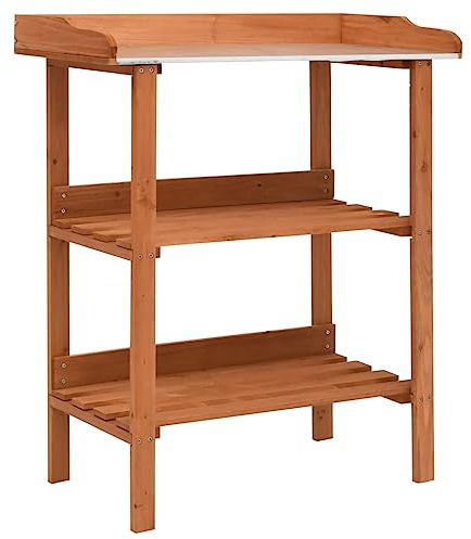 HaoChrymec Pflanztisch aus Tannenholz mit verzinkter Tischplatte, 3 Ablagen für Pflanzen, Wetterfest für den Außenbereich, Ideal für Garten, Balkon Deko, 76 x 37 x 89 cm