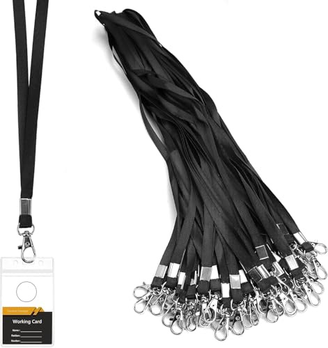 Rairsky 50 Pièces Porte Badge Cordon Tour de Cou Badge, 45 cm Courroie de Lanière Noir Tour de Cou Clef avec Lanière à Clip en Métal Rotatif pour Carte d'identité, Clé, Sifflets, Porte-badge