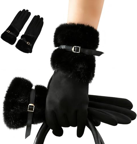 FOSDICK Handschuhe Damen Schwarz, Touchscreen Handschuhe Elegant, Thermo Handschuhes Damen mit Kunstfell Besatz am Bund, Fleece Handschuhes Damens für Kaltes Wetter, Winddicht, Outdoor-Sport