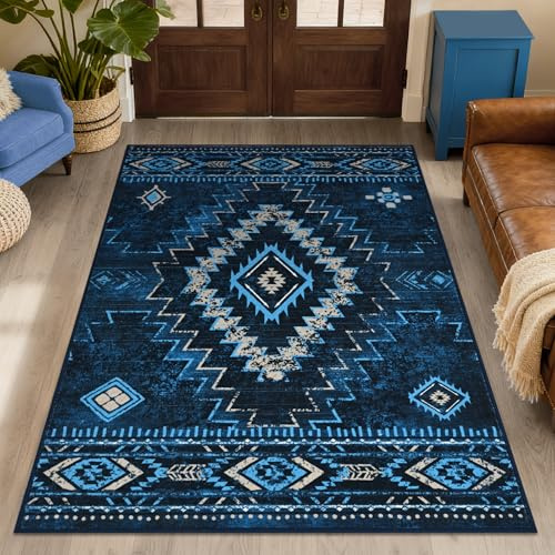 Alishomtll Teppich Läufer, Vintage Geometrisch Teppich Blau 80x150 cm | Rutschfest Kurzflor Küchenteppich, Weich Waschbar Flurläufer für Wohnzimmer Schlafzimmer Arbeitszimmer Küche Eingang