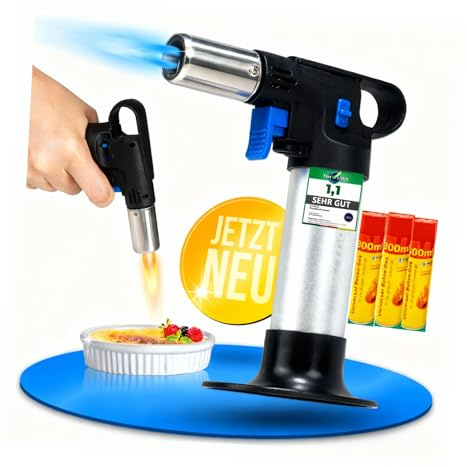 B-TOOLS® Flambierbrenner [inkl. 3x 300 ml Gas] Küchenbrenner 1300 °C | Flambierbrenner für Creme Brulee | Bunsenbrenner Küche | Gasbrenner klein | Dauerflamme | 1.300 °C