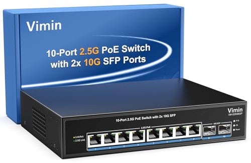 VIMIN Switch PoE a 10 porte 2,5G non gestito, 8X 2,5G Base-T PoE @130W+2X 10Gbps SFP, Switch PoE a 8 porte con capacità di commutazione Ethernet 80Gbps, supporto IEEE802.3af/at, VLAN, chassis in