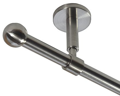 BASIT Gardinenstange Edelstahllook 16mm 1-läufig Decke Wand 240cm lang D11 | Gardinenstangenset einläufig Deckenmontage & Wandmontage Metall Vorhangstange 120-600cm wählbar Kappe Kugel E22