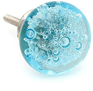 Aqua Blue Bubbles Glass Dresser Drawer, Kitchen Cabinet or Door Knob Pulls Brushed Nickel Hardware - Pack of 12
