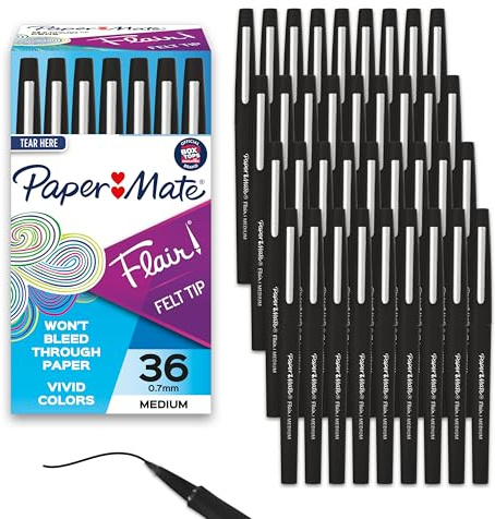 Paper Mate Flair Felt Tip Pens, Medium Point (0.7mm), Black, 36 Count - Office Supplies