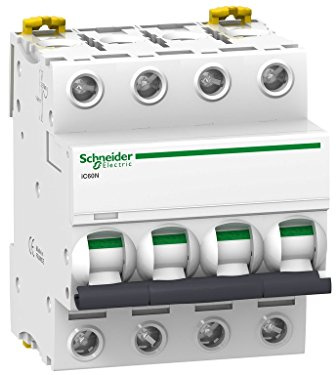 Schneider Electric A9F74404 IC60N Circuit Breaker, Acti9, Curvature C, 4P, 85 mm Height x 72 mm Width x 78.5 mm Depth, 4 A Current, 50/60 Hz, White