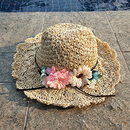zhpjjlyhtq Quitasol Crianza Artesanal Flores de Ganchillo Sombrero de Paja Plegable Sombrero para el Sol Playa mar Sunscreen,Beige, sección Infantil (52-54cm)