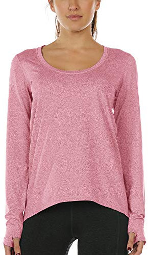icyzone T-Shirt Sport à Manches Longues Femme - Poignets élastiques avec Trous de Pouce pour l’Exercice, la Gym et Autres Sports (Large, Vieux Rose)