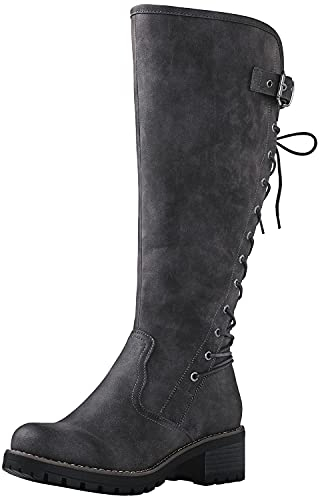 GLOBALWIN Damen Schnürstiefel Kniehohe Reitstiefel Combat Boots Bequeme Gothic Motorradstiefel für Frauen mit Reißverschluss Chunky Heel, 19 Jahre 29 Jahre Grau, 38 EU