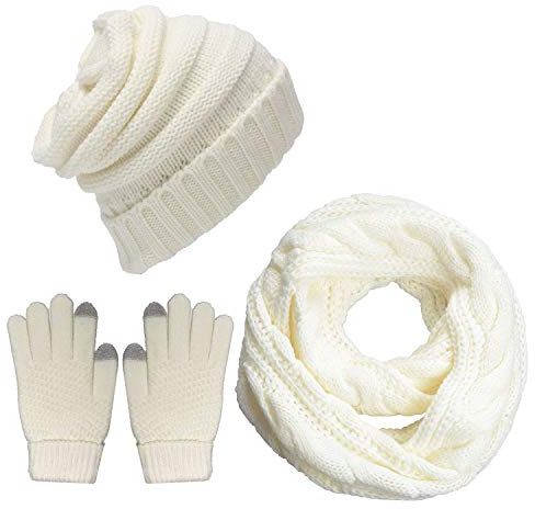 CheChury Winter Schal Strickmütze Kombiset Strickset Beanie Handschuhe Damen Schal Mütze Handschuhe Set Gestrickt Geschenkset Touchscreen-Handschuhe