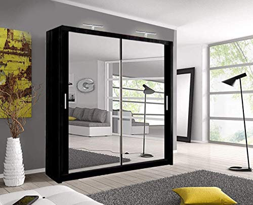 A.C. Milan German Modern Double Mirror sliding door wardrobe with LED Light Width 100cm/120cm/150cm/180cm/203cm/250cm (Black, 180 CM)