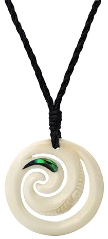 81stgeneration Handgeschnitzter Anhänger aus Paua-Muschel aus Knochen mit Doppelter Koru-spirale | Verstellbare Kordel-Surfer-Halskette für Männer | Damen-amulett im Maori-Stil mit Abalone