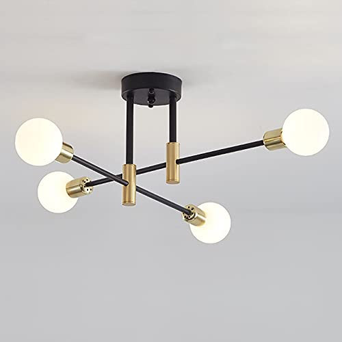 ktjes Nordic Sputnik Chandelier Ceiling Light, Vintage 4 Lights Black Gold Semi-Flush Mount Ceiling Lamp E27 Decorative Modern Ceiling Lighting for Living Room Bedroom Dining Room and Kitchen