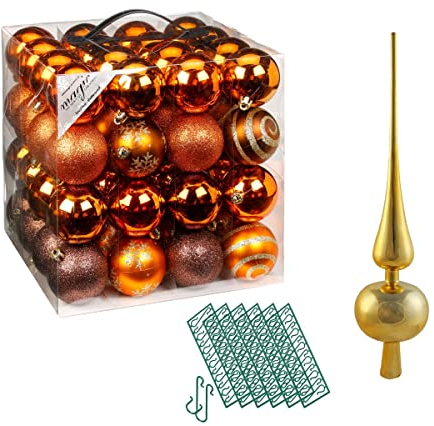 JACK 64x Kunststoff Christbaumkugeln Ø 6cm + Spitze 28cm inkl. Aufhänger Dekor Kugeln Set Weiß Rot Gold Grün Blau Silber, Farbe:Braun