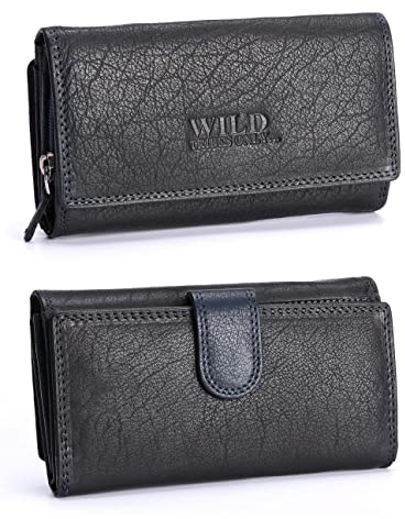 irisaa Damen Leder Wild Geldbörse, Portemonnaie Lang Geldbeutel,RFID Schutz 21 Kartenfächer, Brieftasche Groß, Vintage Design Used Look, Damen Tasche:weich SchwarzBlau