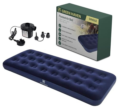 Green Haven Single Airbed with Electric AC Pump – Quick Inflate Blow Up Mattress with Waterproof Flocked Top – Ideal for Camping, Sleepovers & Guests – Includes Mains Pump