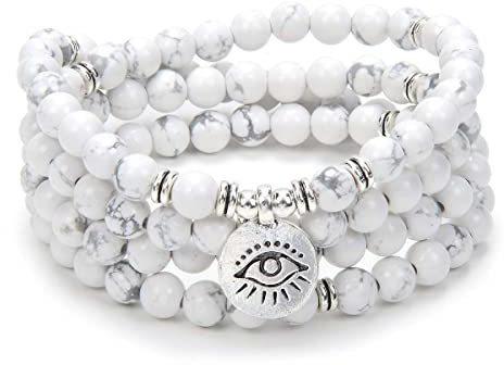 108 Mala Gebetskette Armband Halskette Schutz Yoga Meditationsschmuck mit dem Evil Eye Charm Yoga Symbol (Weißer Howlith (White Howlite))