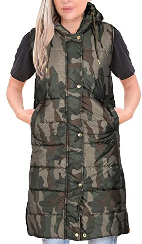 A2Z Ladies Gilet Oversized Hooded Quilted Gilet Padded Long Line Vest - Gilet 800 Camo Green XXL