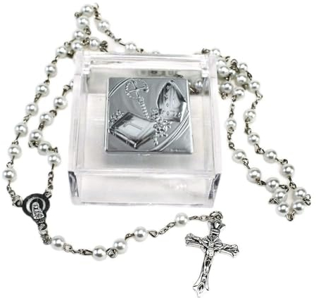 DLM33836 (Kit 6 Pezzi) Rosario con Perle Madonna Immacolata con Scatolina Scatola in Plastica Santa Cresima Segnaposto bomboniera