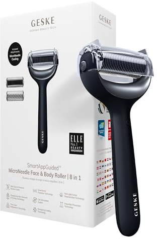 GESKE | SmartAppGuided™ MicroNeedle Face & Body Roller | 8 in 1 | Derma Roller | Elektrisches Microneedling | Nadelroller | Needleroller | Beauty Roller für Gesicht und Körper | kühlender Aufsatz