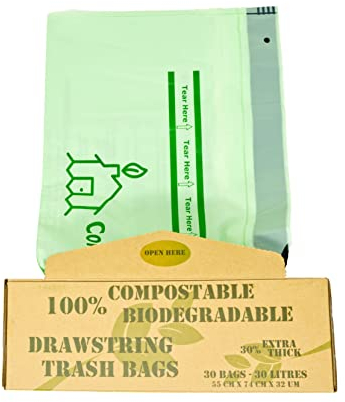 Extra Strong Premium Garbage Bags Compostable DROWNSTRING Biodegradable Bin Liners 6L/10L/30L Food Waste Bags Made from Plants with Certificate EN13432 for Home & Kitchen Bin Liners in Kraft Box