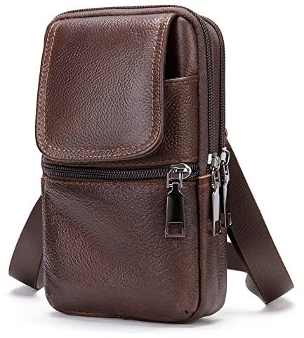 Schultertaschen Handy Leder Herren, Handy Gürteltasche Leder Braun, Vertikal Handytasche zum Umhängen Wasserdichte Reißverschluss Umhängetaschen Leder Hüfttasche Schultertasche mit Gürtelschlaufe