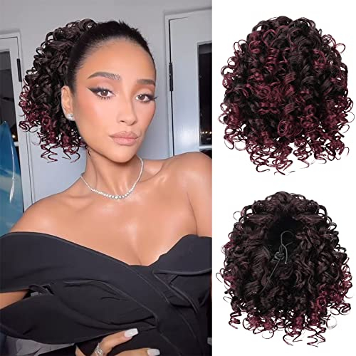 RUWISS Afro Kinky Pferdeschwanz Haarteil Haarverlängerung Locken mit Kordelzug Burgunder Kunsthaar Ponytail Extension für Damen Gewickelt Zopf Ponytail 15cm (6 Inch (Pack of 1), 1B/BUG)