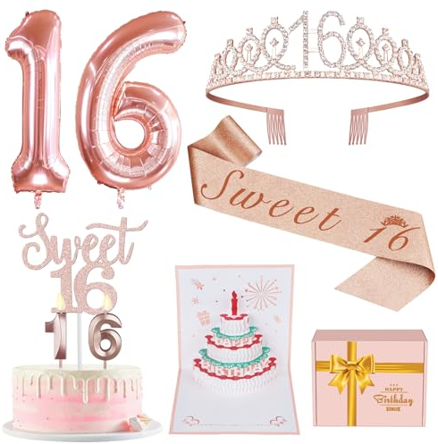 Süße 16 Geburtstag Dekorationen für Mädchen, Enthalten 16 Geburtstag Schärpe und Diadem, Sweet 16 Cake Topper und Zahl 16 Kerzen, 3D Geburtstagskarte und Poster, Süßes 16 Geburtstagsgeschenke Set