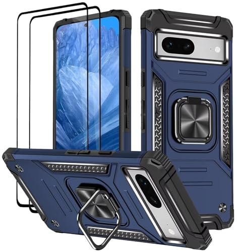 KANSi Funda para Google Pixel 8A, Cristal Vidrio Templado [2 Piezas] Capa Anillo iman Soporte Hard PC y Silicona TPU Antigolpes Armor Carcasa - Azul