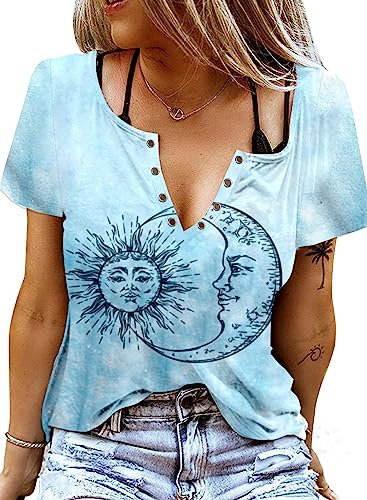 Eniloyal T-Shirts für Damen V Ausschnitt Damen T Shirt Sexy Baumwolle Tshirt Damen Elegant Damen Oberteile Oversized Graphic T-Shirt Damen Sommer mit Aufdruck Basic T Shirt Locker Tie Dye L