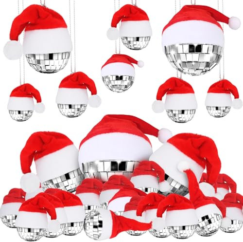 Ferraycle 24 Stück silberne Weihnachtsdiscokugel mit Weihnachtsmannmütze, verschiedene Größen, reflektierende Spiegelkugel, Weihnachtsdekorationen mit Seil zum Aufhängen, Discokugel, Ornament für