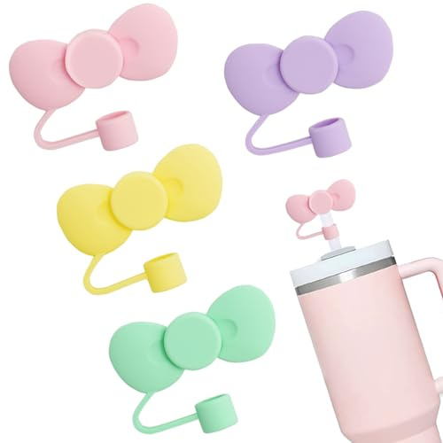 GAISHION 4 Pack Cute Bow Straw Covers Compatible with Stanley Tumblers, Reusable Cute Silicone Straws Lids for 10mm Stanleys Cup Accessories