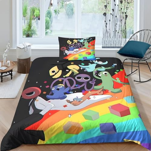 GIOSBR Rainbow Friends Bettwäschegarnitur 3D Gedruckter for Kids Für Kinder Mädchen Jungen Bettbezug Set Und Kissenbezüge Weich Microfaser Reissverschluss Bettwäsche 2 Teilig Single（135x200cm）