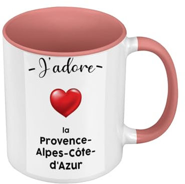 Tasse, Farbe Premium Qualität, Rosa – J'adore La Provence Alpes Cote D'Azur Region de France PACA Marseille – Tasse mit Henkel und farbigem Innenfutter