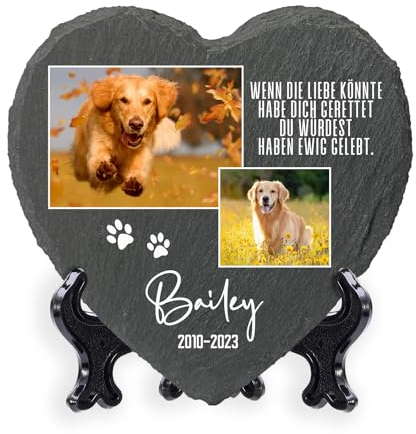 AIGAT Personalisierbare Herz Gedenktafel 25 x 25 cm mit Name, Datum, Foto und Ständer für Haustier Katze Hund Schiefer Stein Pfote Grabmal - Zwei Fotos