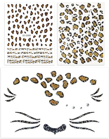 Pack of 3 Leopard Print Foil Stamping Tattoo Stickers, Face Tattoo Stickers, Leopard Print Nail Art Stickers, Makeup Stickers for Party, Carnival and Halloween