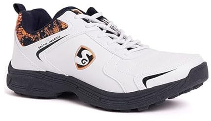 SG Savage Stud Cricket Shoe (Color: White, Navy & Orange, Size: UK9/ US10/ EU43) | for Mens & Boys | Material: Mesh & PVC | Lightweight | Improved Stability in The Game