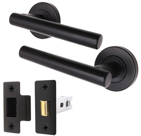 EAI Black Door Handle Latch Set | Round T-Bar Internal Door Handles & Latch (64mm) | Matt Black Lever on Rose Oliena Range