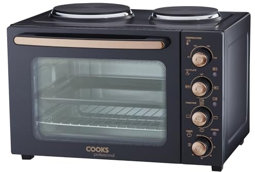Cooks Professional Mini Portable Oven with Hobs | Energy Efficient Electric Countertop Cooker with Two Hobs & Wire Rack Baking Tray | Kitchen Table Ovens | 34L Capacity | Black and Copper