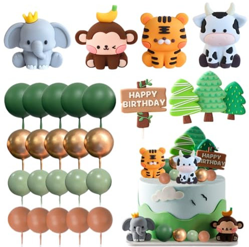 28Pcs Jungle Animal Cake Toppers, DIY Animal Cake Decorations, Elephant, Monkey, Tiger, Cow Cake Jungle Cake Decorations for Baby Shower Kids Party Animal Theme Party Cake Decoration
